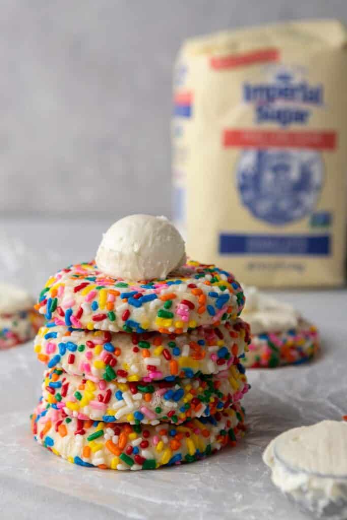 Crumbl funfetti cookie stack with buttercream