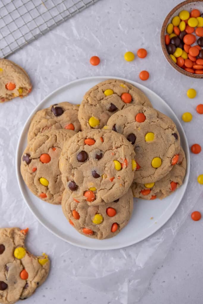 Crumbl peanut butter Reese's pieces cookies on a plate