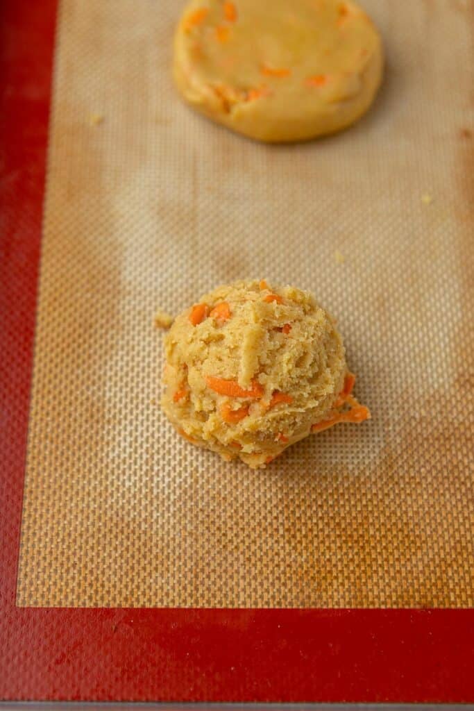 Carrot cookie dough on baking sheet