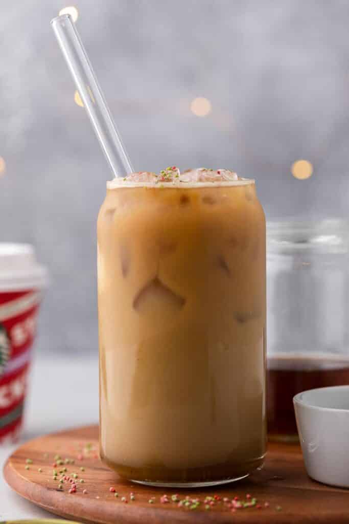 Starbucks sugar cookie latte in a beer glass