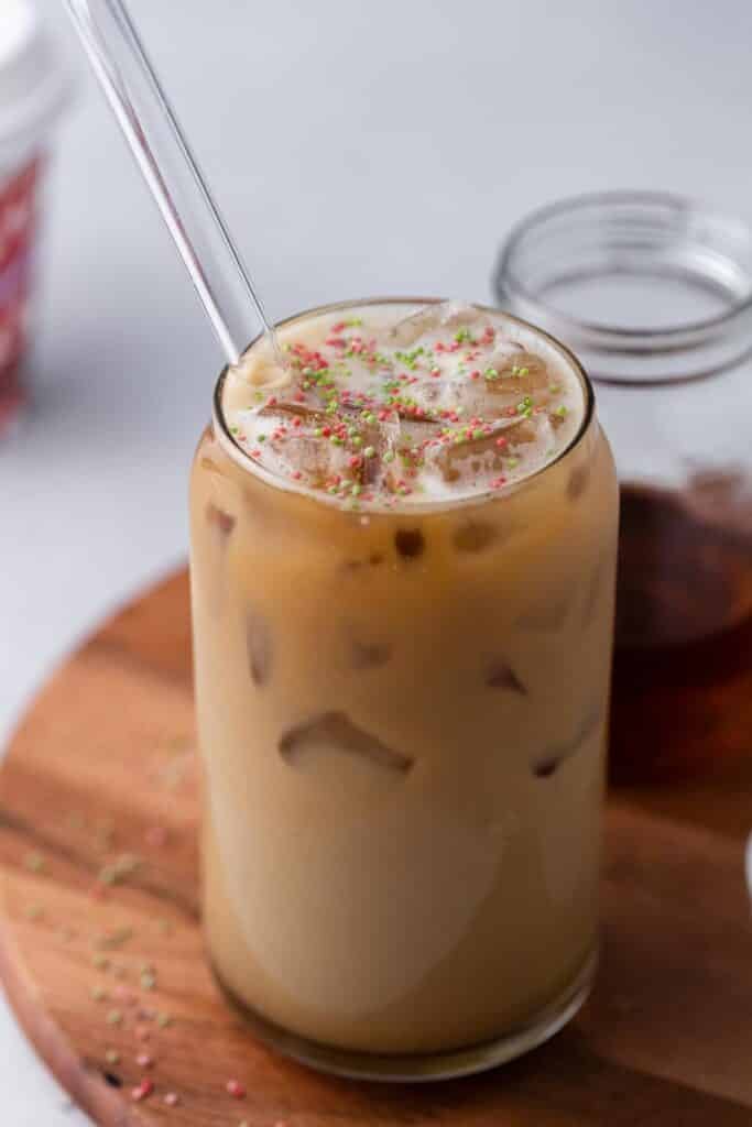 Starbucks iced sugar cookie almond milk latte in a glass