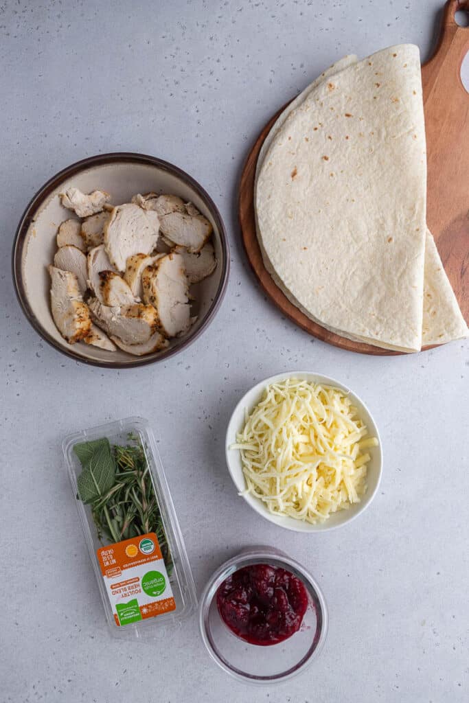 Ingredients for Turkey quesadillas with leftover thanksgiving ingredients