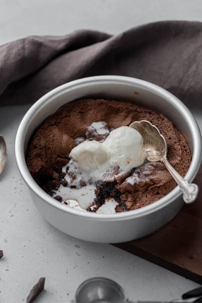 Fudgy Air fryer brownies with ice cream on top 