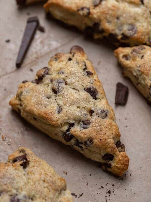Close up of chocolate chip scones
