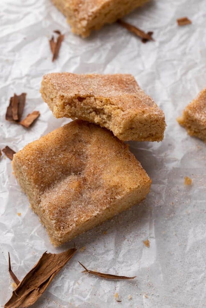 Snickerdoodle bars with a bite taken out
