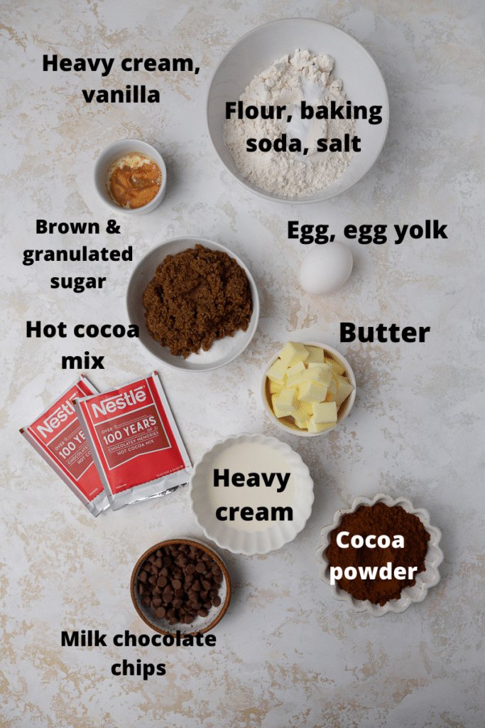 Ingredients for frozen hot chocolate cookies