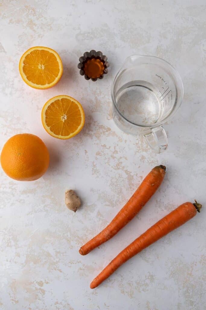 Ingredients for the ginger carrot orange smoothie
