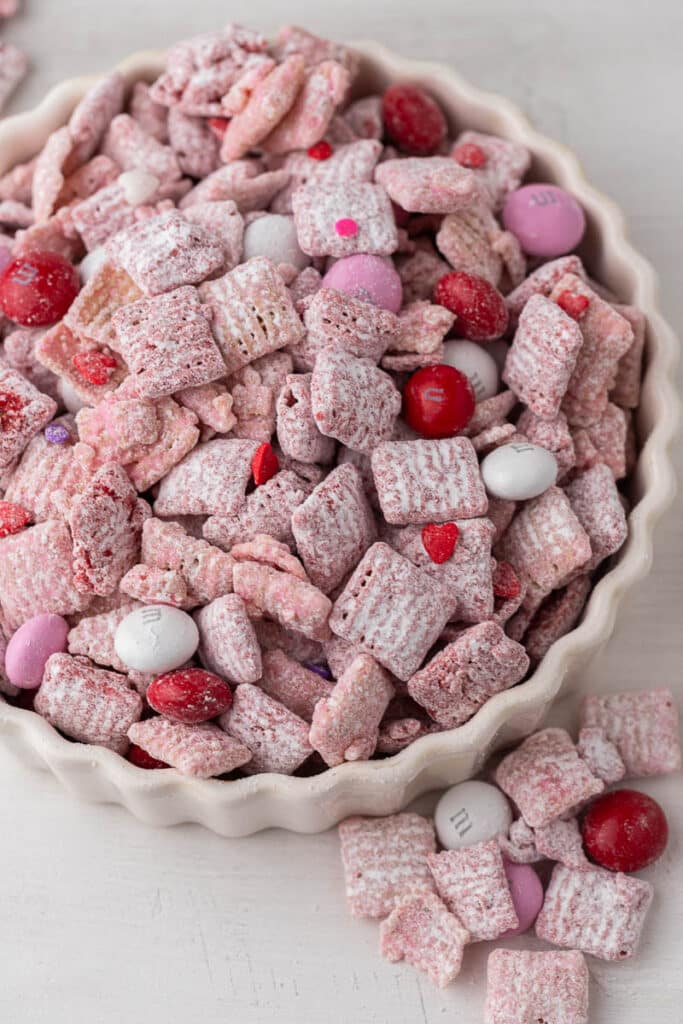 Valentine's day puppy chow in bowl