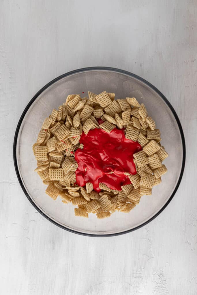 Candy melts on top of Chex cereal 