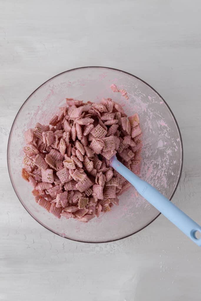 Pink candy melts on Chex cereal