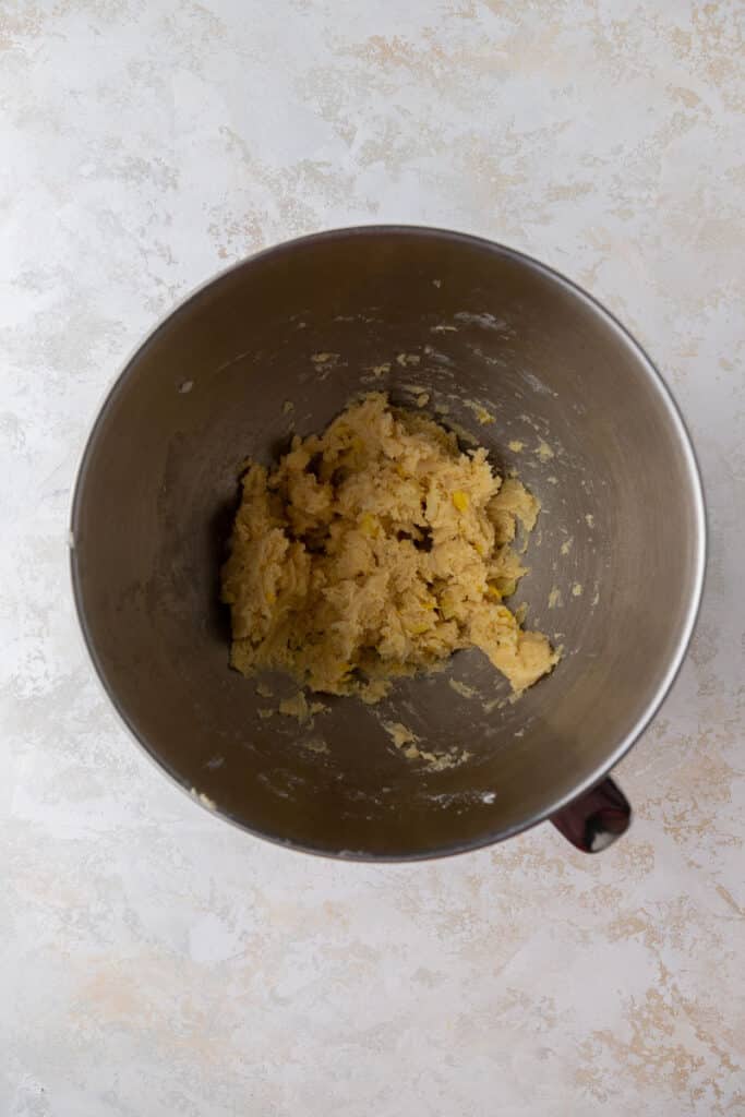 Pineapple cookie dough in mixing bowl