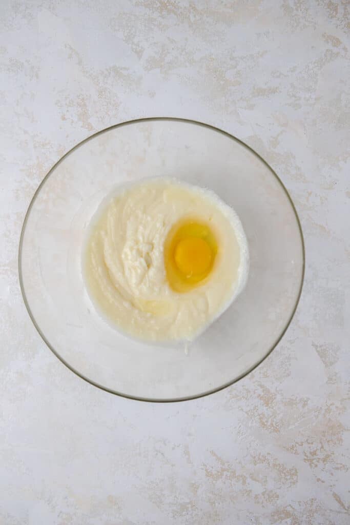 Creamed butter, sugar and eggs in a bowl