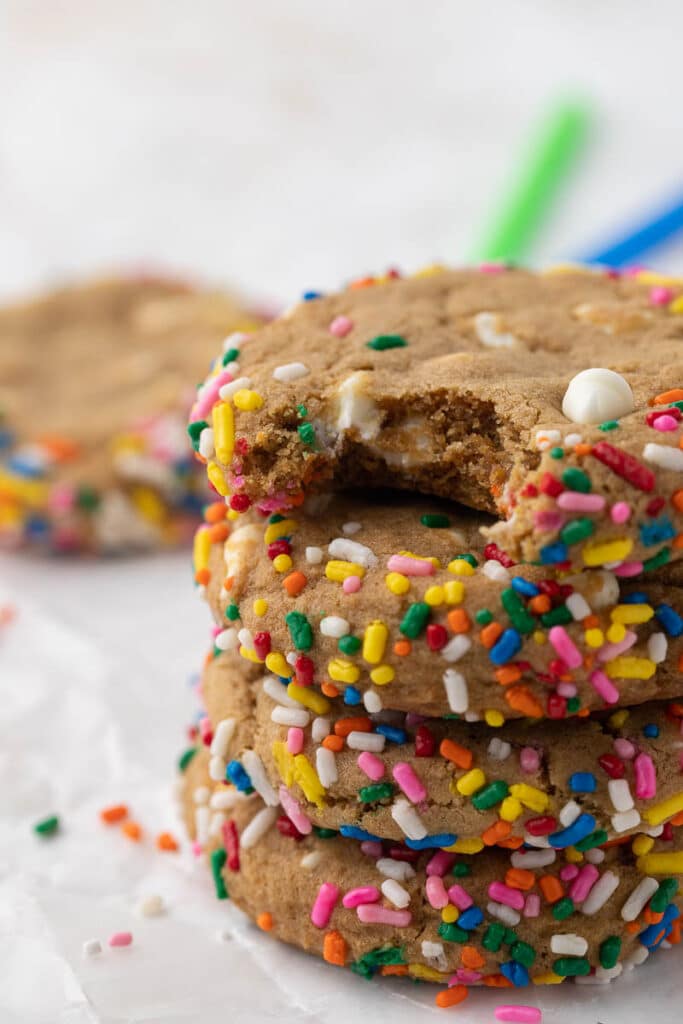 Close up of Crumbl cake batter cookie stack