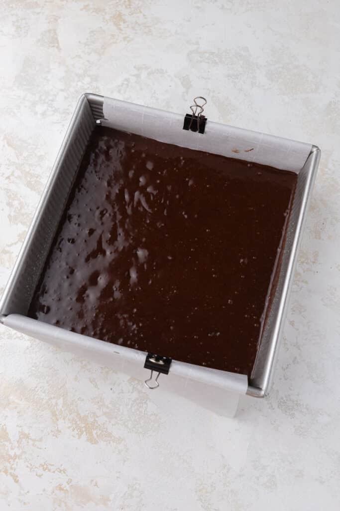 Brownie batter in a pan