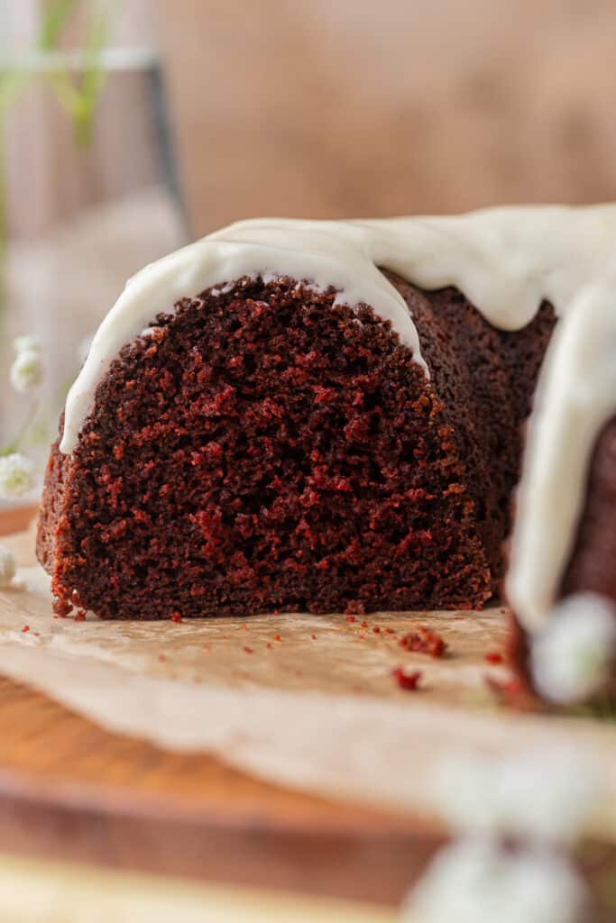 Red velvet bundt cake sliced