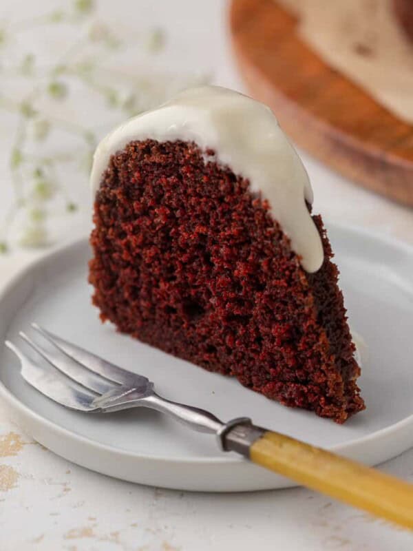Slice of red velvet bundt cake
