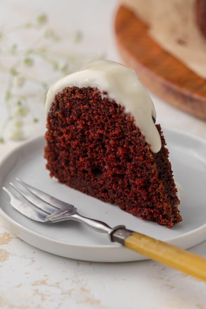 Slice of red velvet bundt cake
