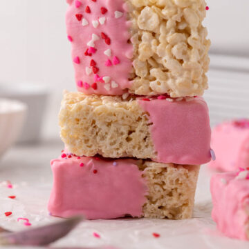 Stack of Valentine's day chocolate covered rice krispie treats