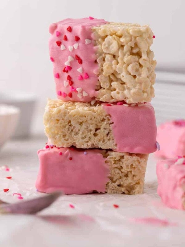 Stack of Valentine's day chocolate covered rice krispie treats