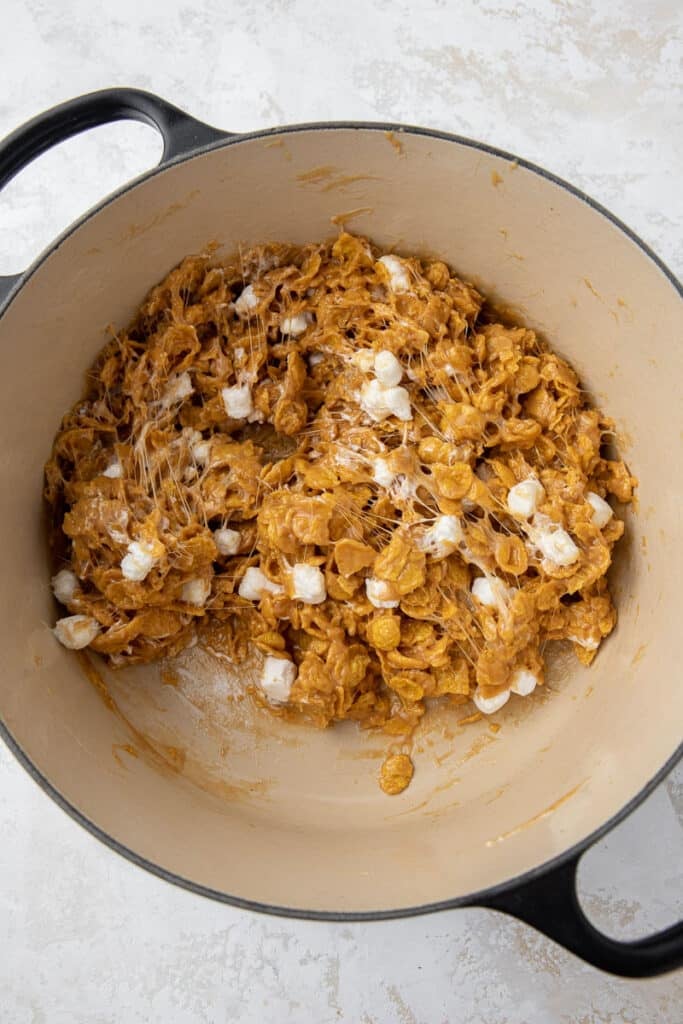 Cornflakes marshmallow peanut butter mixture