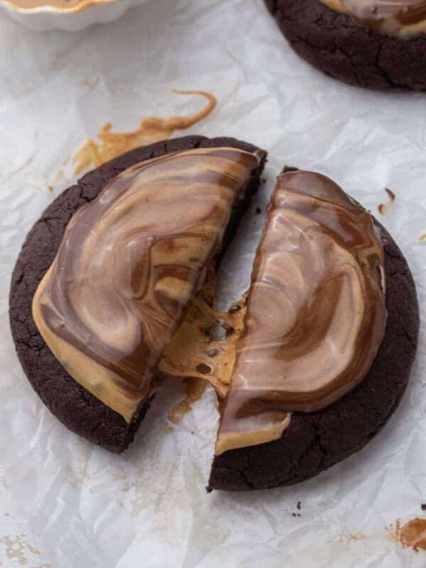 Close up of peanut butter brownie cookie broken in half
