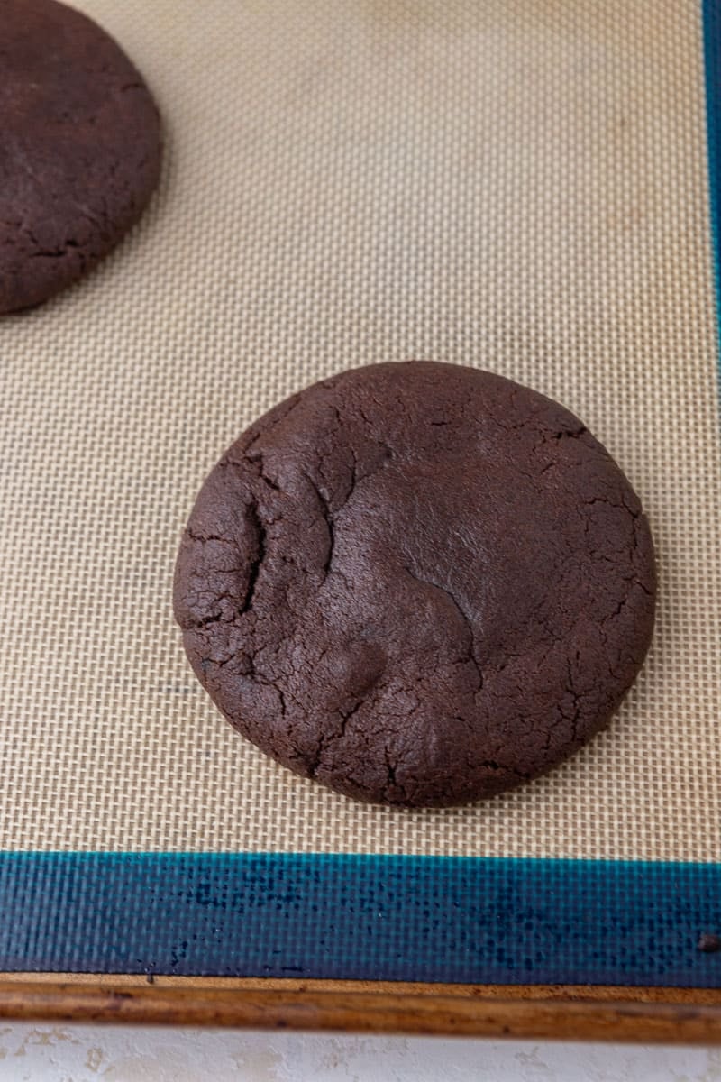 Brownie peanut butter cookie on baking sheet 
