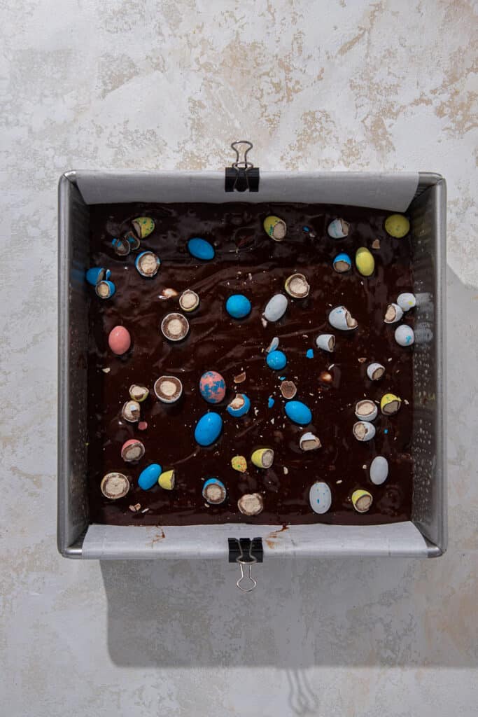 Easter mini egg brownies in baking sheet