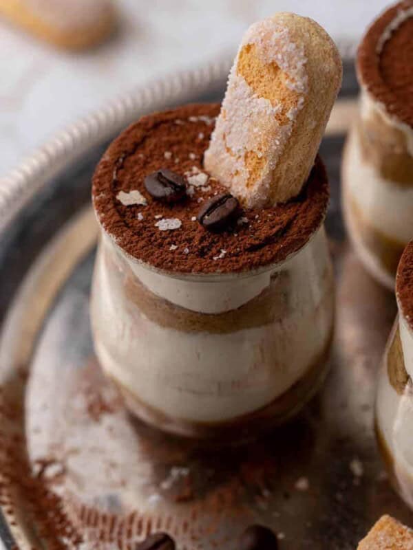 Caramel tiramisu with lady finger decoration