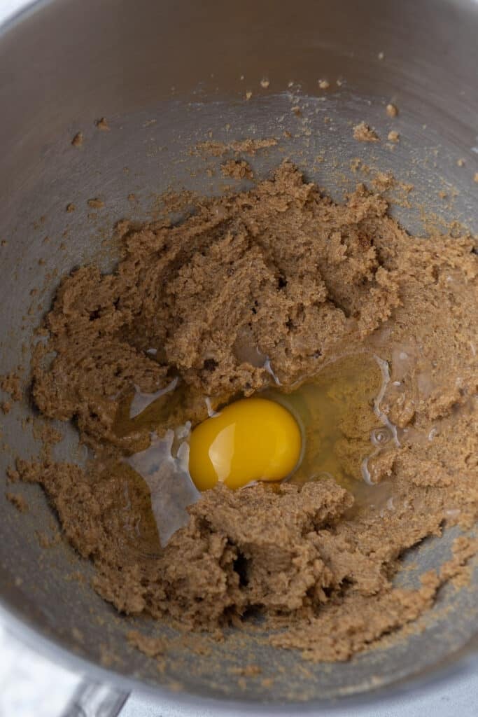 Creamed butter and eggs in a mixing bowl 