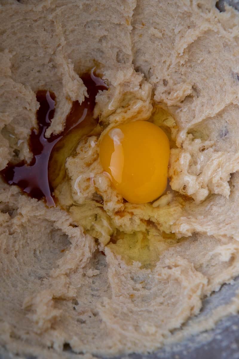 Creamed sugar and egg in mixing bowl