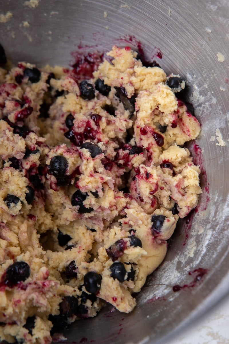 blueberry cookie dough in mixing bowl
