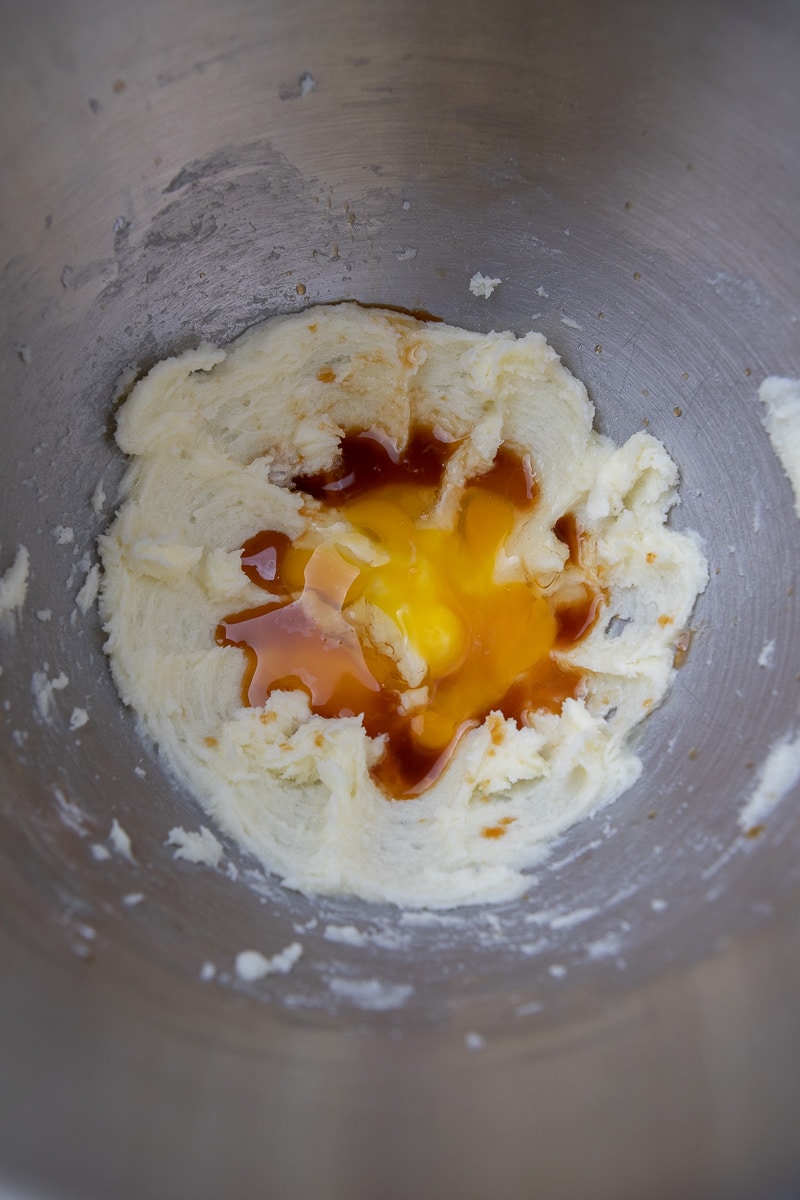 Creamed butter and eggs in mixing bowl