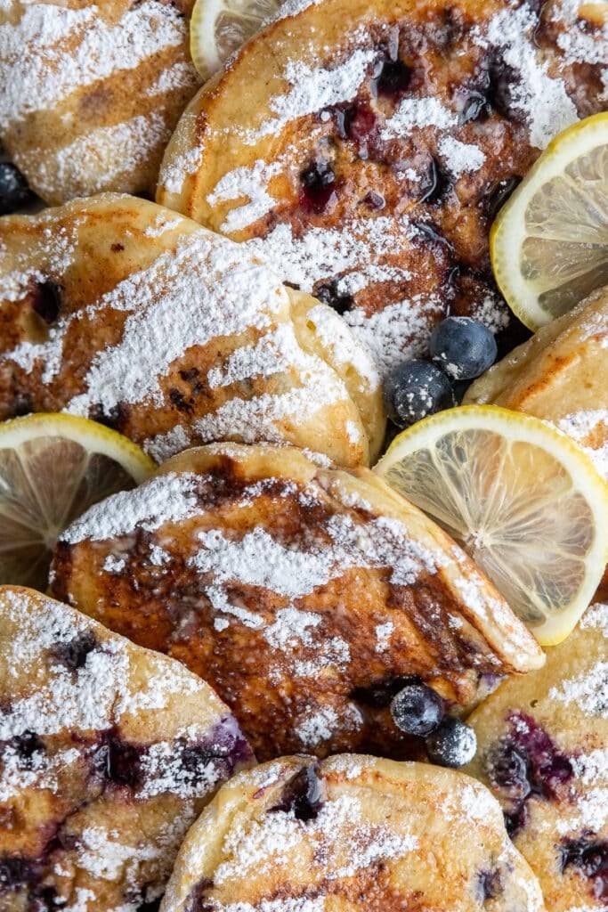 Close up of blueberry ricotta pancakes