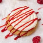 Close up of Crumbl raspberry cheesecake cookies