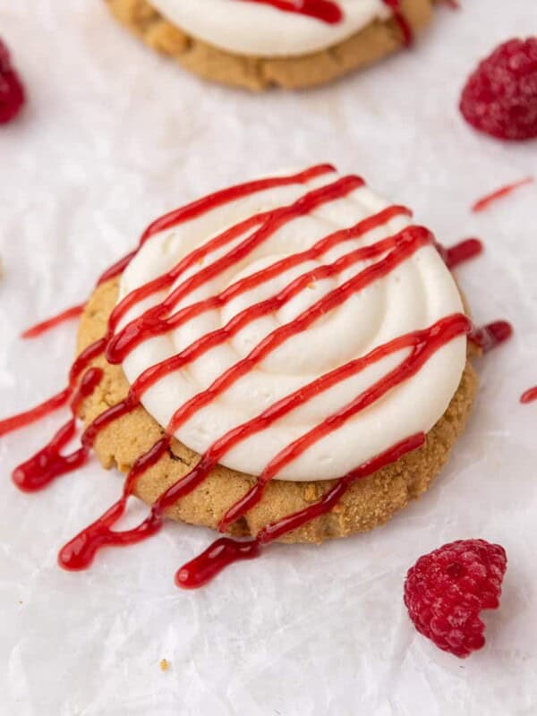 Close up of Crumbl raspberry cheesecake cookies