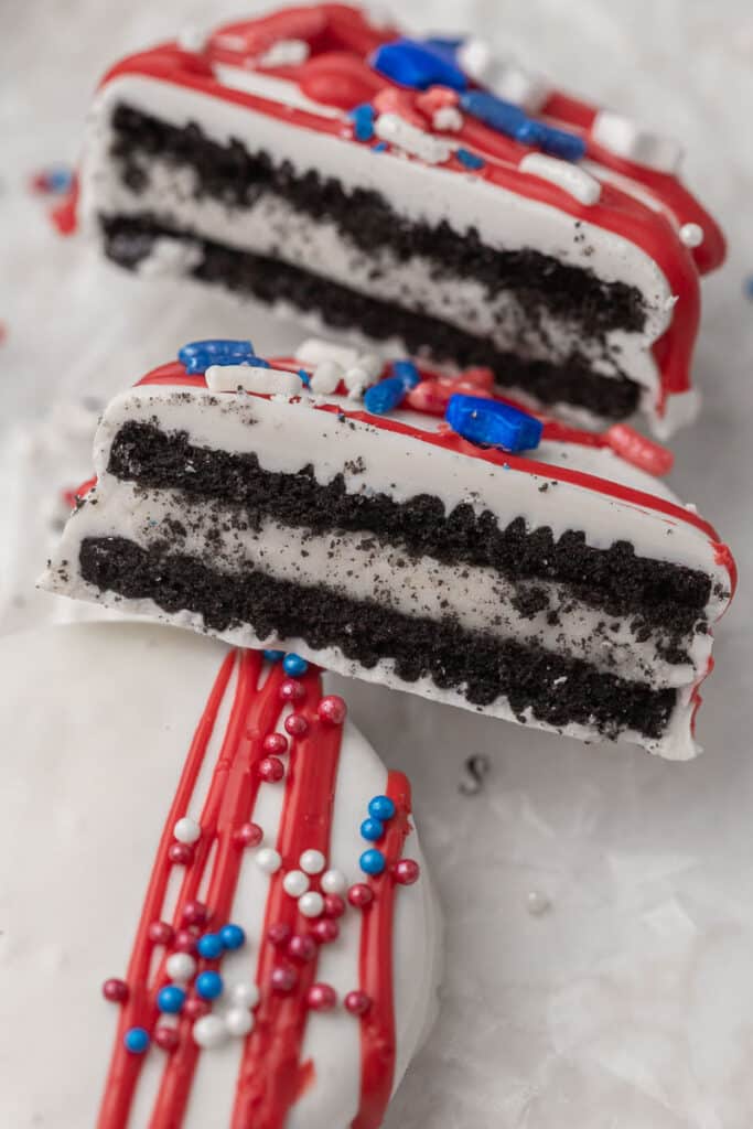 4th of July chocolate covered Oreos cut in half