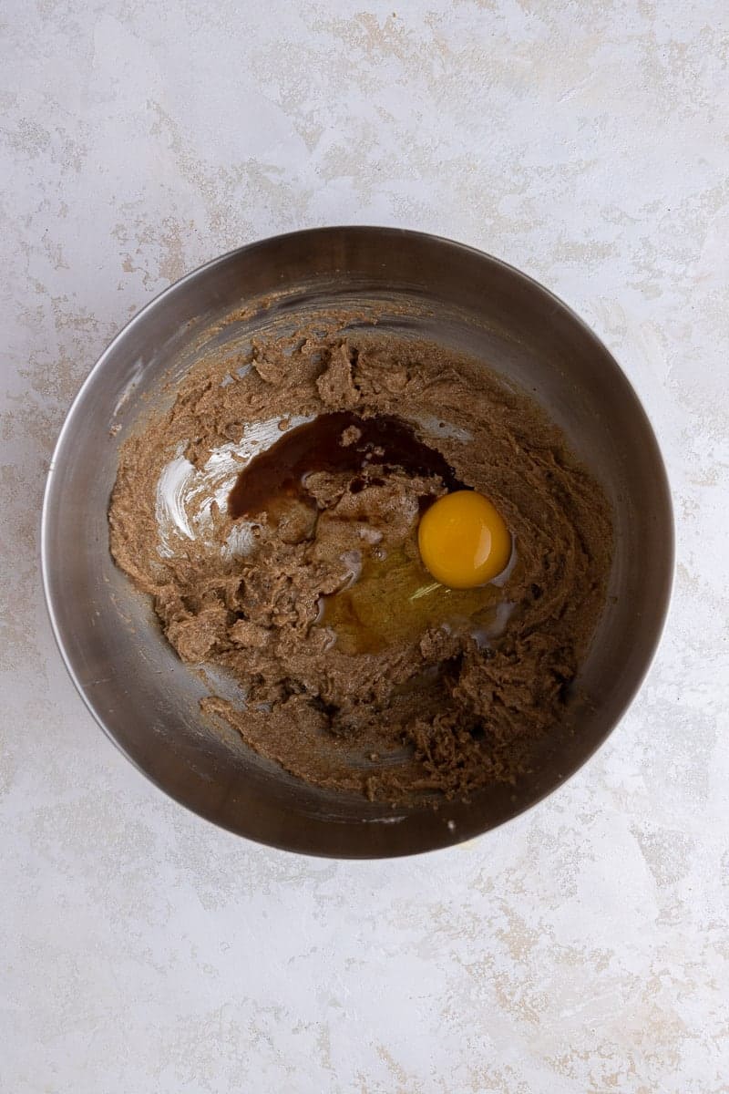 Creamed butter and egg in bowl