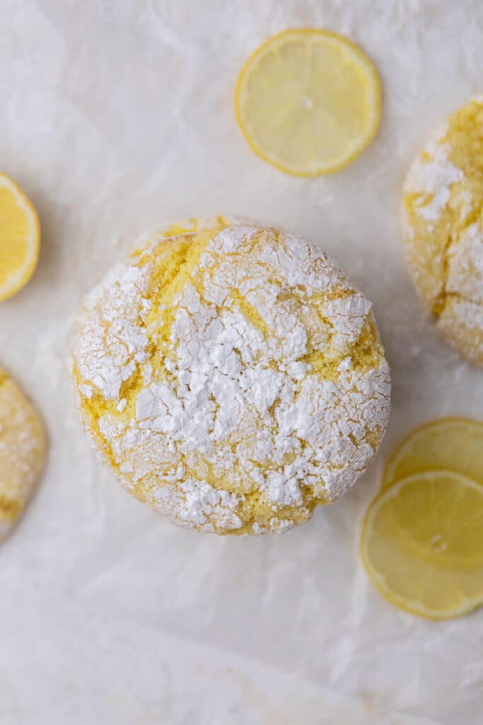 OVerhead shot of lemon crinkle cookies with cake mix