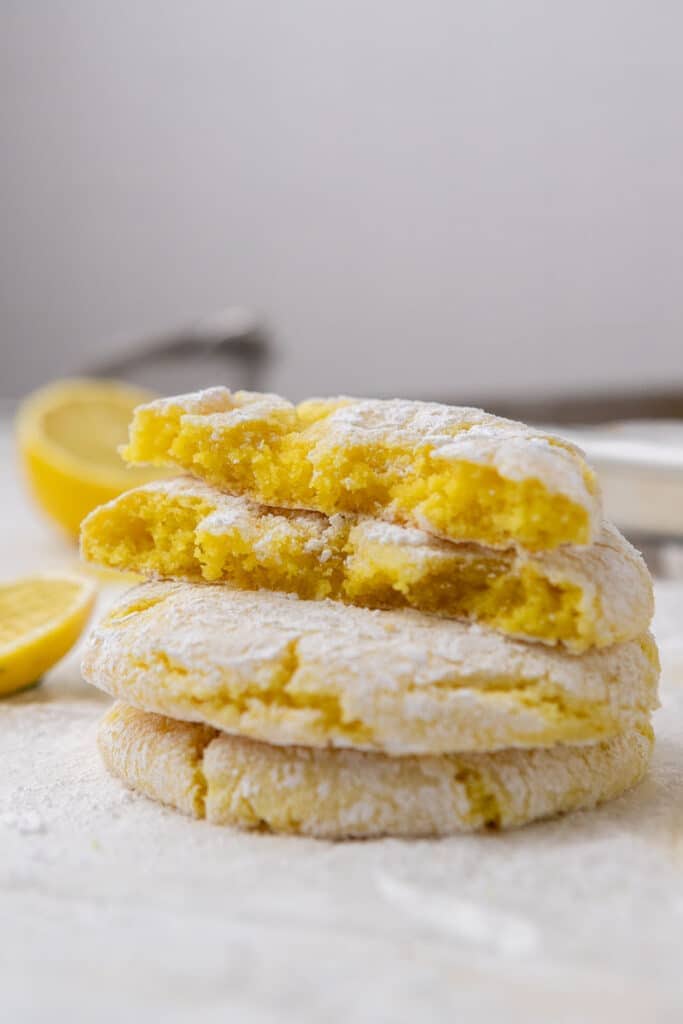 Stack of lemon crinkle cookies with cake mix