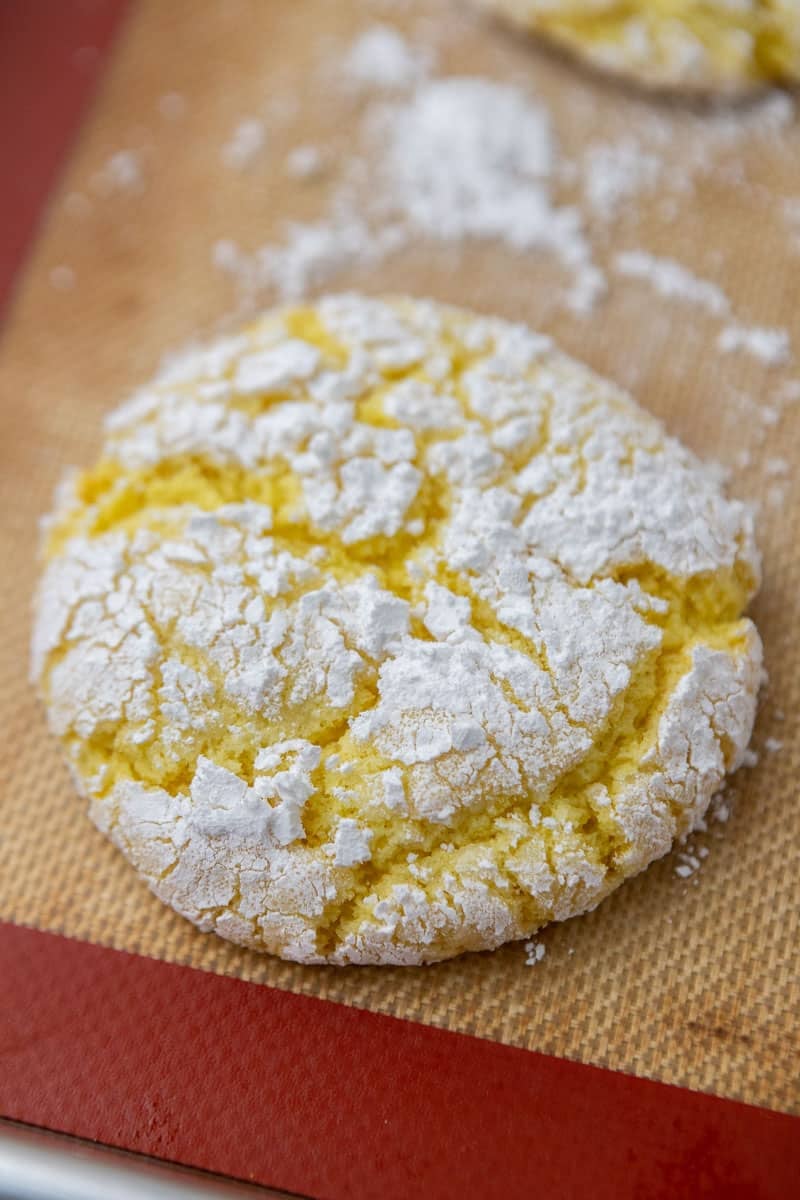 Lemon crinkle cookie on baking sheet