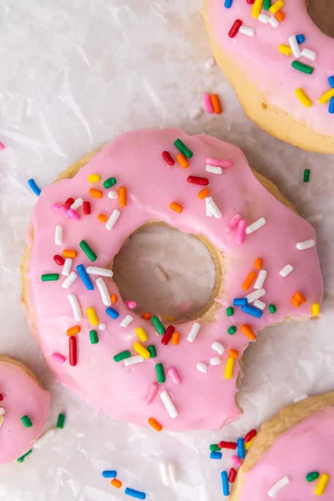 close up of pink donut cookies