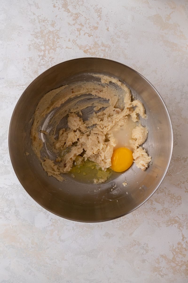 Creamed butter and sugar in mixing bowl 