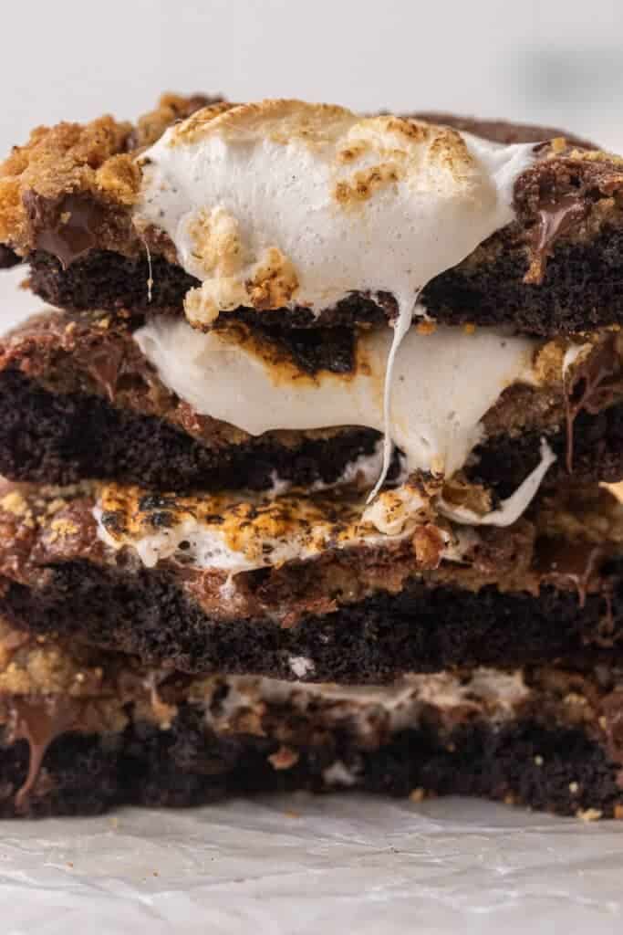 Close up of S'mores brownie cookies cut in half