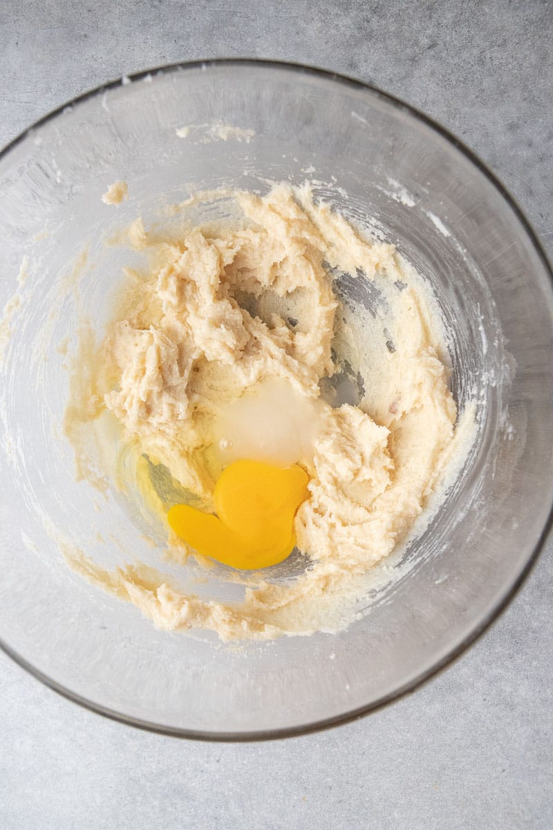 Creamed butter and egg in a bowl