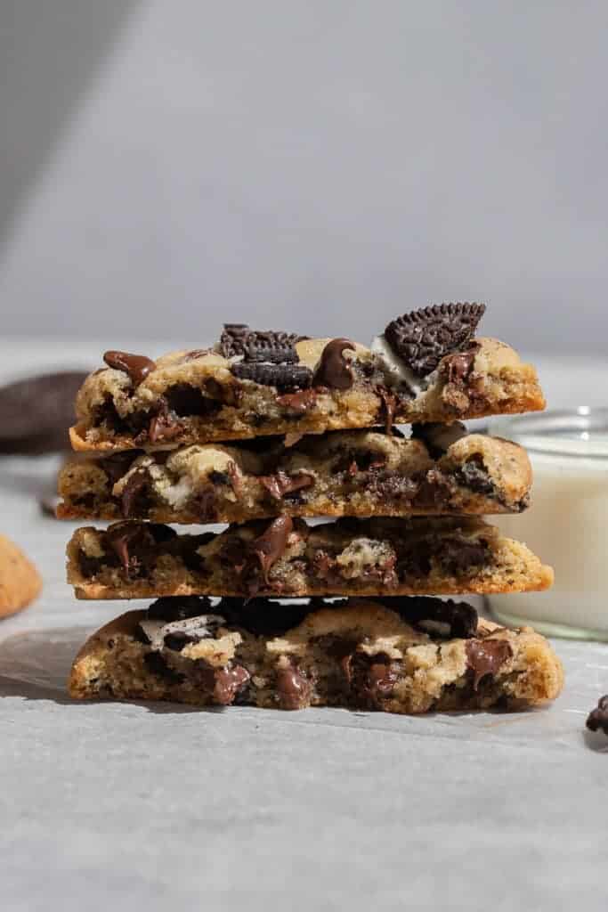 Stack of chewy oreo chocolate chip cookies