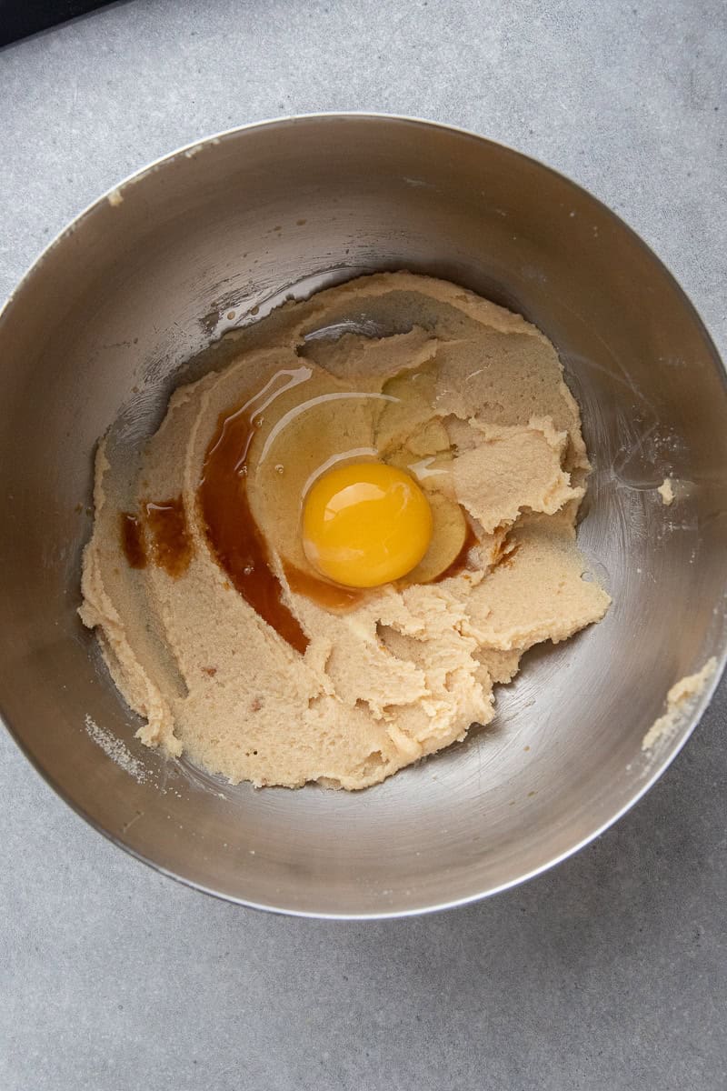 Creamed butter and egg in a bowl