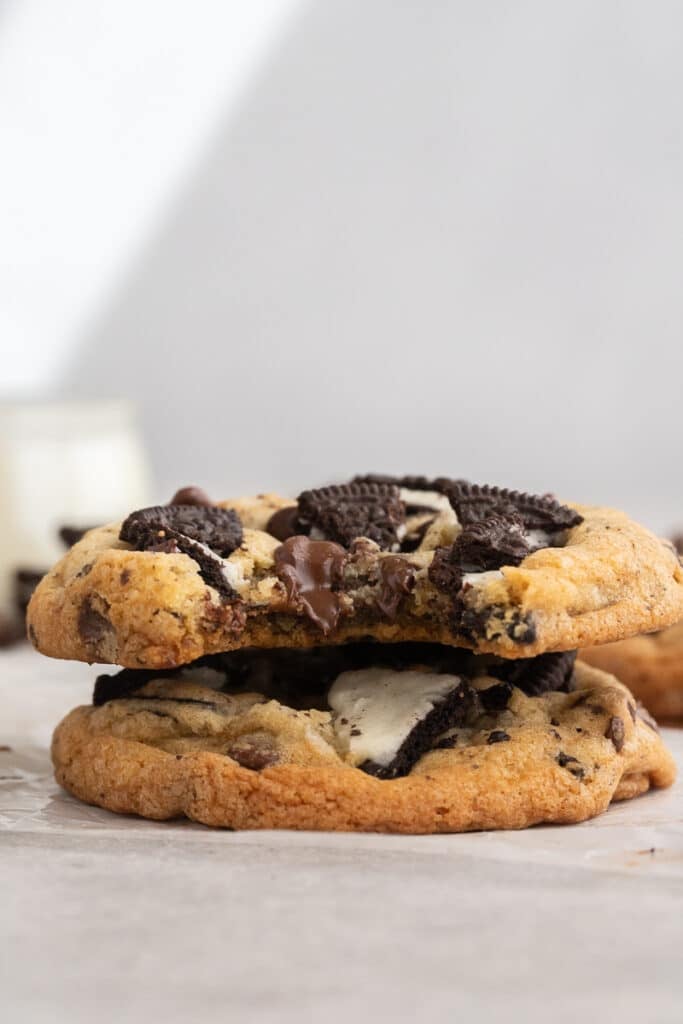 Stack of chewy oreo chocolate chip cookies