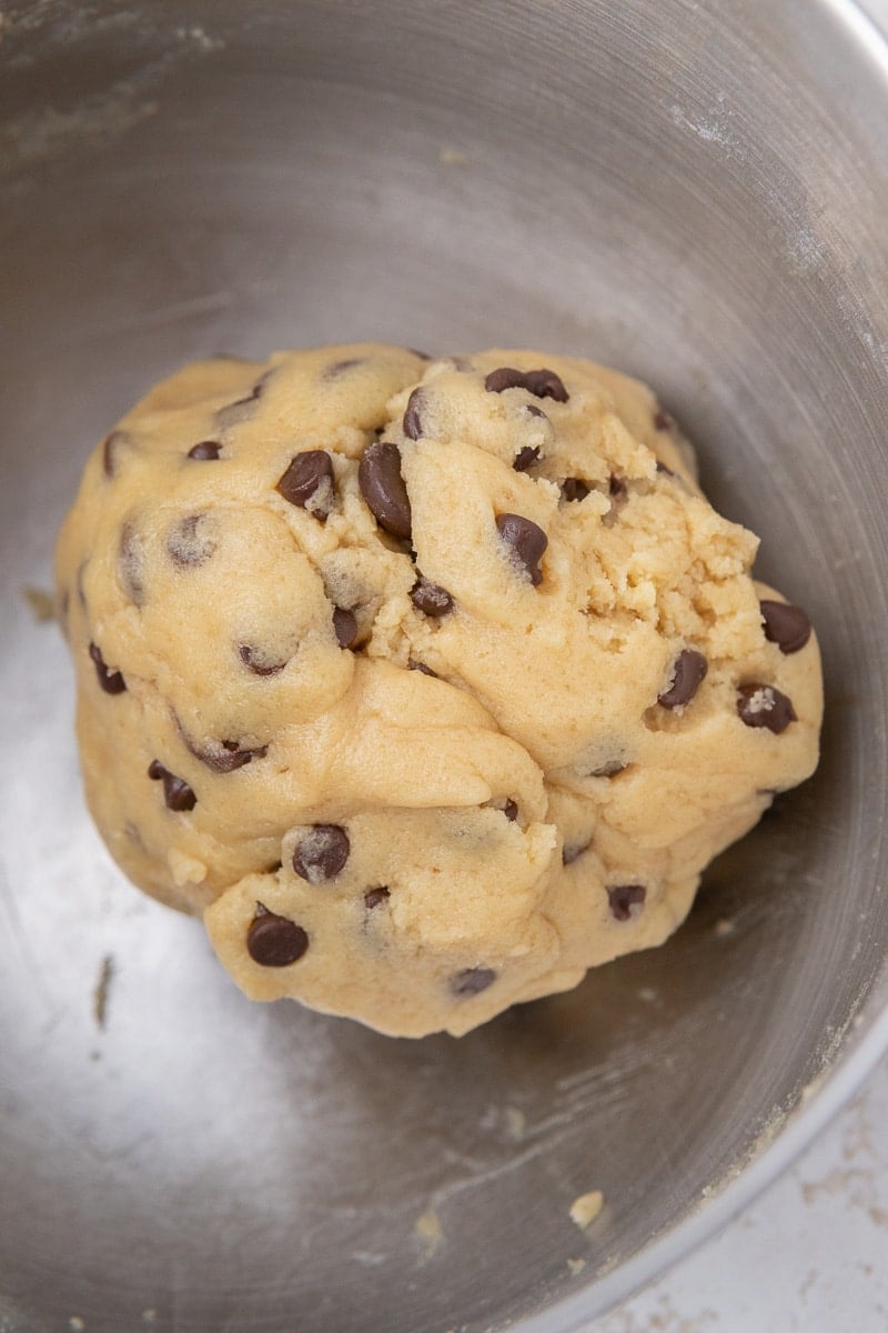Chocolate chip cookie dough in a bowl