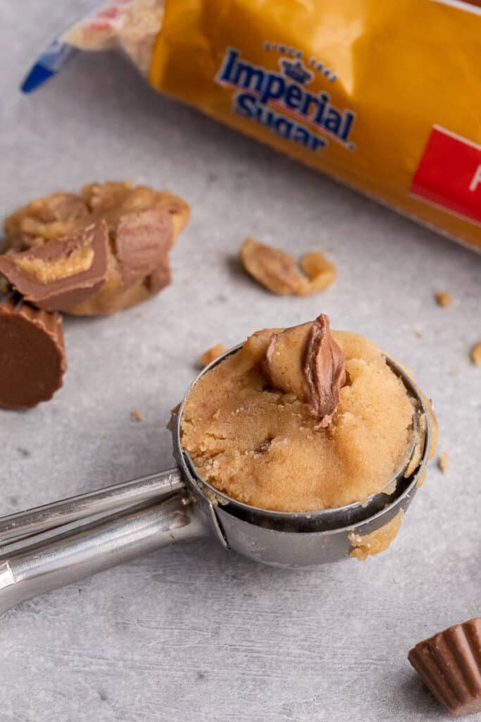edible peanut butter cookie dough in a cookie scoop