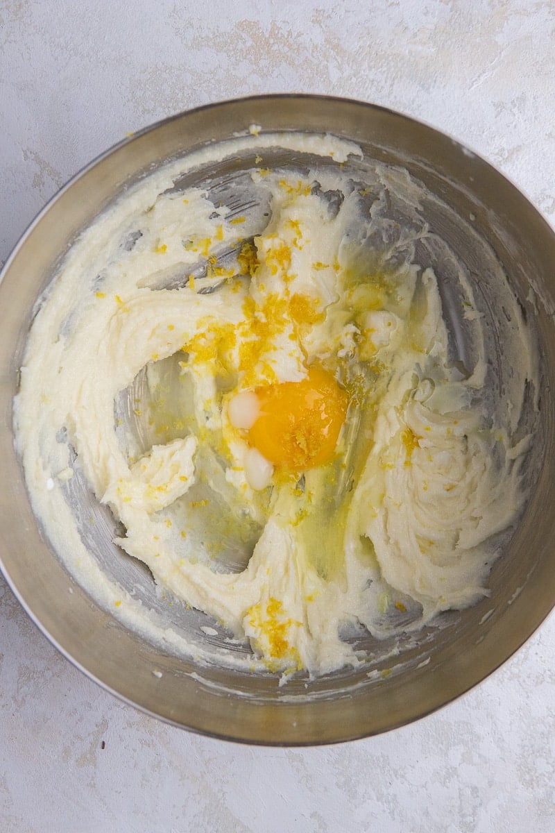 Creamed butter and sugar in a bowl